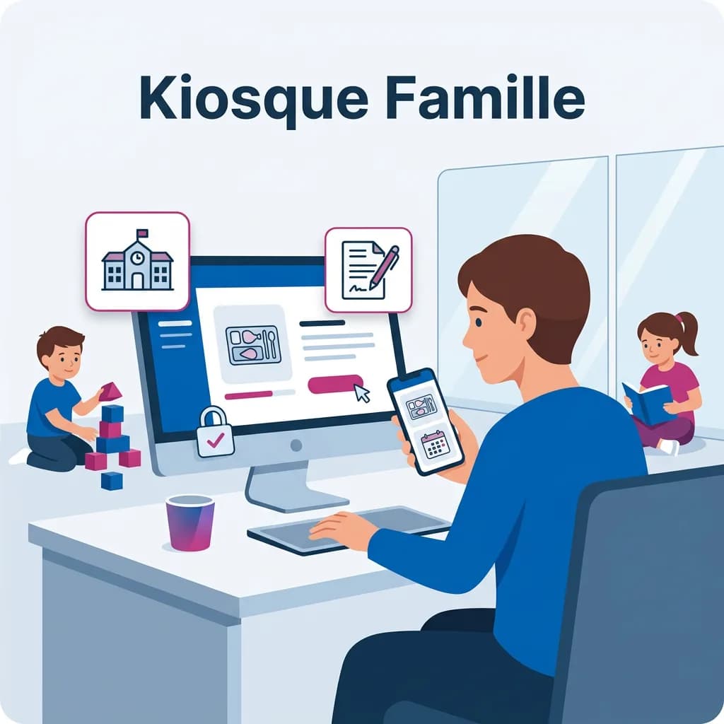 Illustration d'un Kiosque Famille sécurisé en ligne pour les inscriptions scolaires et la cantine